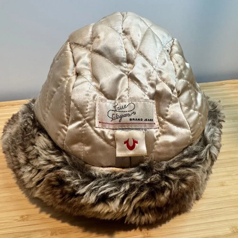 Vintage Y2K True Religion Patchwork Plaid Faux Fur Trapper Aviator Hat OS